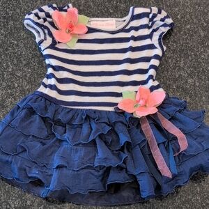 Bonnie Jean Navy and White Striped Dress with Pink Floral Details
